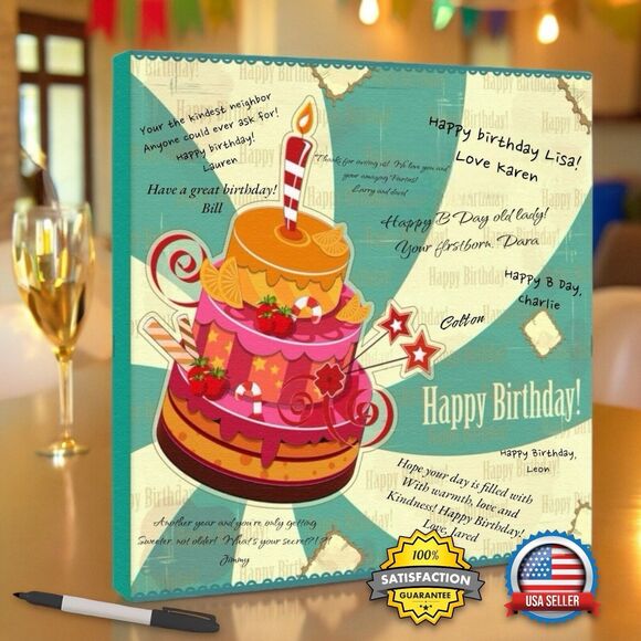 Canvas Kudos Happy Birthday Signable Canvas Wall Art Keepsake Gift 12x12x1.5" - Picture 1 of 13